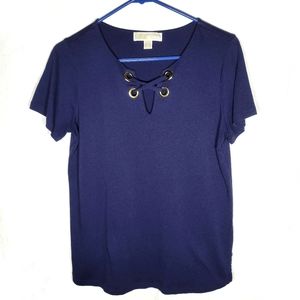 Michael Kors navy blue shortsleeve blouse vneck top M women's medium keyhole